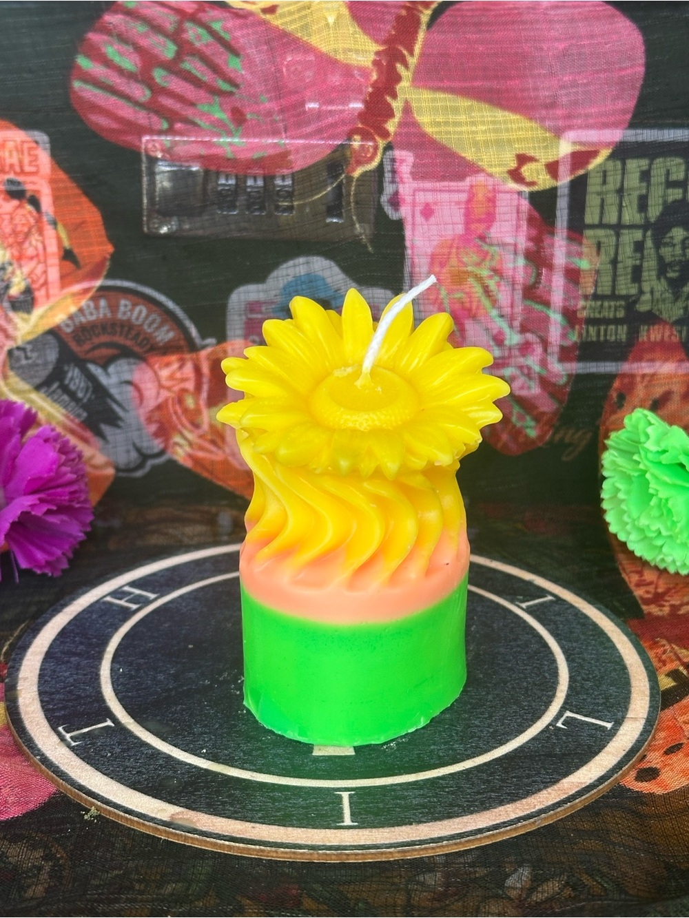 Handmade Sunflower Pillar Candle – Bright Yellow, Peach & Green Floral Candle